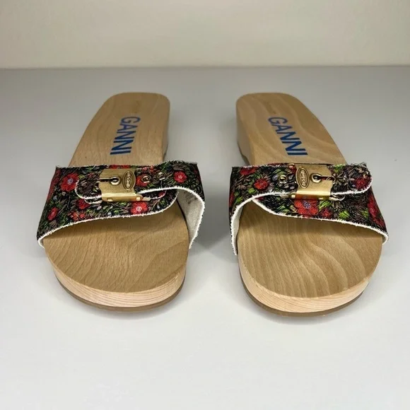 GANNI x Dr. Scholl's Red Floral Buckle Wooden Clog Slides Sandals Retro NEW - Picture 3 of 13